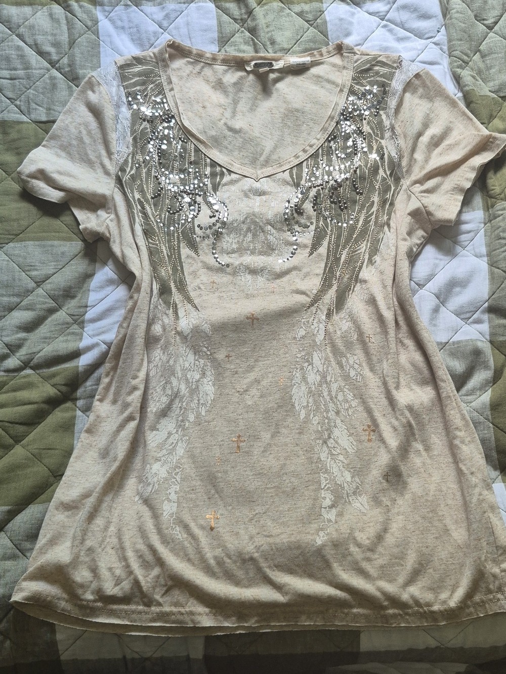 Beaded Feather Graphic V-Neck Women's Tee - Beige